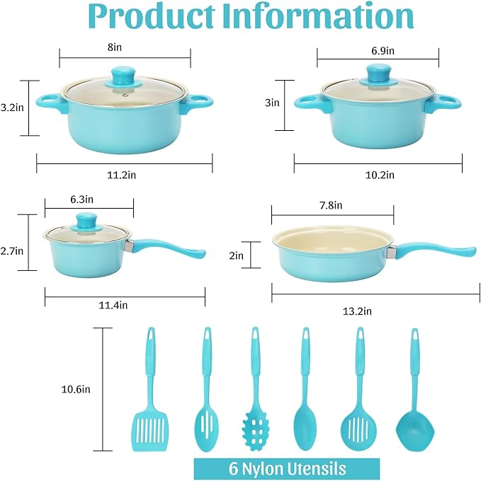 Non-Stick Cookware Set, Portable Lightweight Cast Iron Pots and Pans with Glass Lids and Nylon Utensils - 13 Piece Set, Outdoor Camping Picnic Travel（Blue）