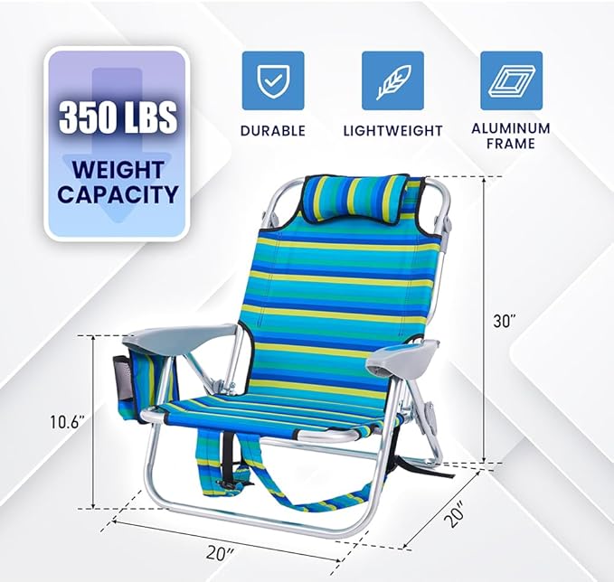 Portable Recliners Chair for Adults, Outdoor Camping Chair Lay Flat Folding Backpack Reclining Chair with 5 Positions, Headrest, Zipper Pouch, Cup Holder, NEW Srtiped