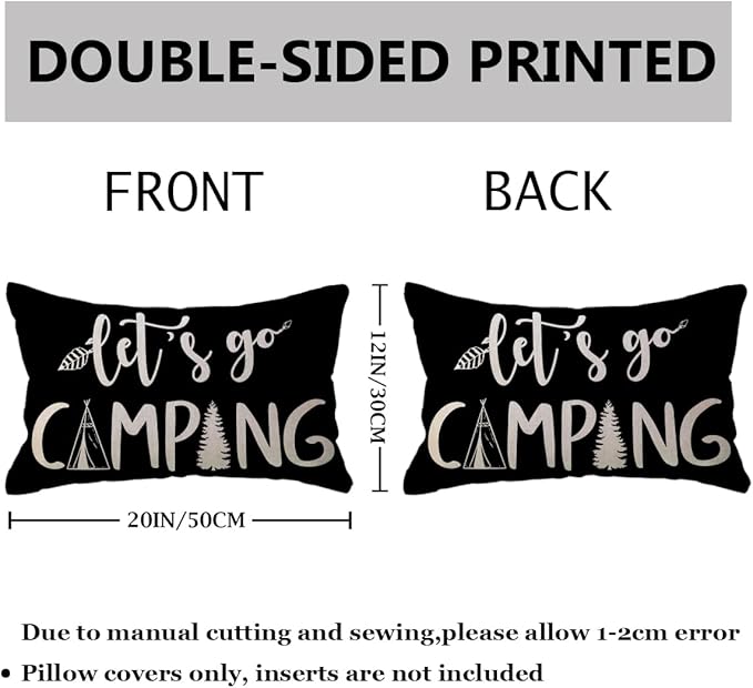 Adventure Camper Decorative Lumbar Pillowcase Double-sided Let’s Go Camping/Adventure Awaits Throw Pillow Covers Cabin/Camper Cushion Covers 12x20,2Pack for Sofa/Couch/Porch (Black)