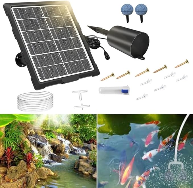 Solar Powered Pond Oxygen Pump with Quiet Motor and Energy Storage Provides Adjustable Oxygen Supply to Promote Healthy Water Life and Fish Survival