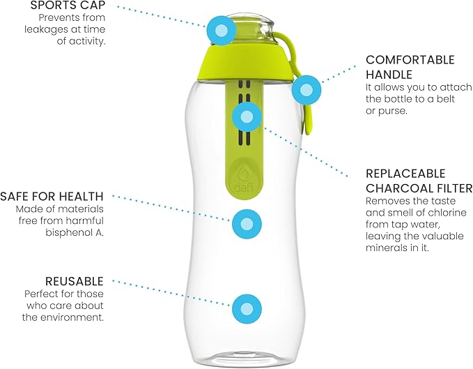 Dafi Sport Water Bottle with Filter Green | 10 oz | Personal Reusable Water Bottle, Backpacking Filter Replacement, tap Water Straw Purifier, Water for Travel | Made in Europe