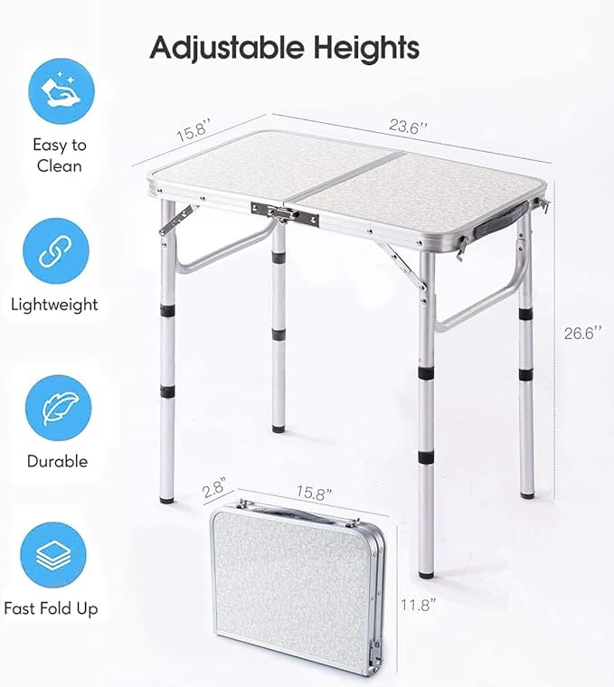 YUFIFAIRY Small Folding Table Portable, 24''L x16''W Foldable Camp Table with 3 Adjustable Height, Indoor Outdoor Lightweight Aluminum for Outdoor Cooking Picnic(10"/19"/27.5"
