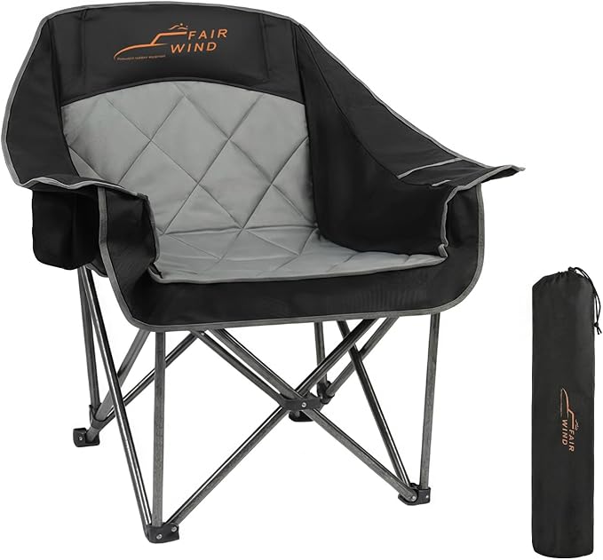 FAIR WIND Oversized Padded Camping Chair Heavy Duty Quad Fold Arm Chair Portable for Outdoor - Support 500LBS, Black