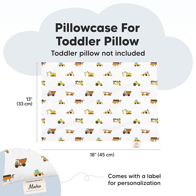 KeaBabies Toddler Pillowcase 13"x18" - Organic Cotton Toddler Pillowcase for Kids, Boys, Girls,Soft & Durable Cotton Cover for Miniature Sleepy Pillows,Cute Colors,Pillow Sold Separately(Construction)