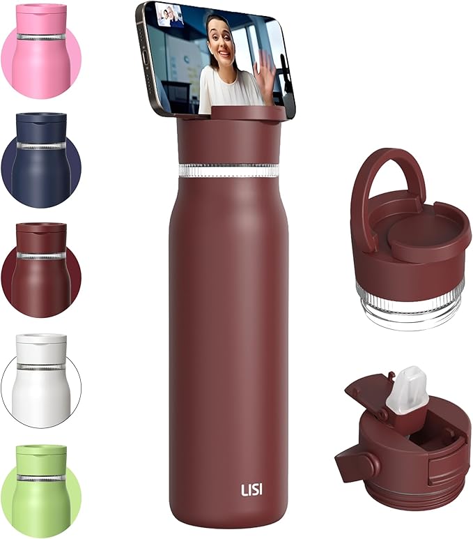 LISI 30oz Insulated Water Bottle, Double Wall Stainless Steel Water Bottles with Straw, 100% Leak-Proof Travel Thermal Canteen Mug with 2 Lids (Straw, Phone Holder Lid) & Cleaning Brush