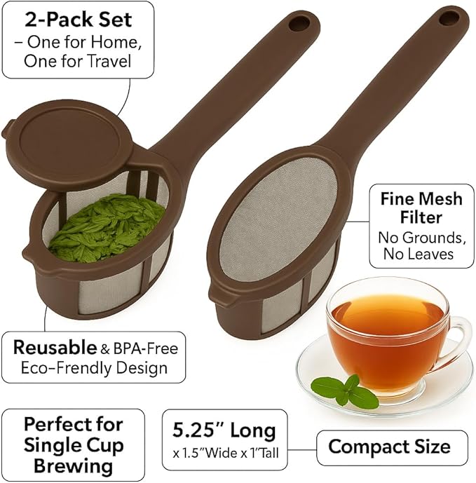 2 Pack Coffee/Tea Brew Stick Infuser – Single Cup Reusable Filter Spoon with Fine Mesh, BPA-Free, Easy Swivel Top – 5.25" Long Portable Coffee Maker for Travel, Work & Home