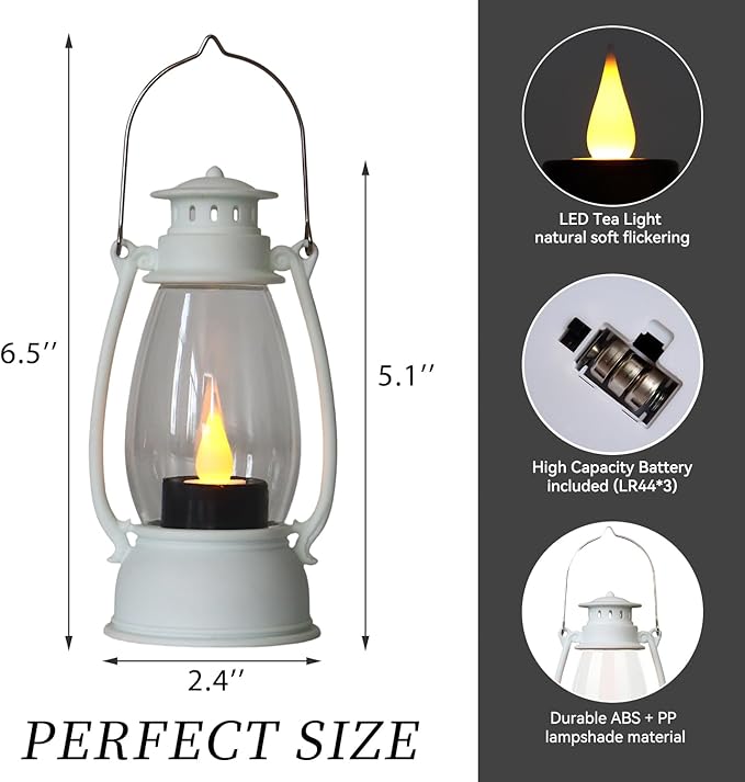 White Mini Lanterns Decorative 6-Pcs for Wedding & Ramadan, Eid, Small Elegant Lantern with LED Light for Western Cowboy Parties, Camping Baby Shower Birthday Party, Centerpiece Table