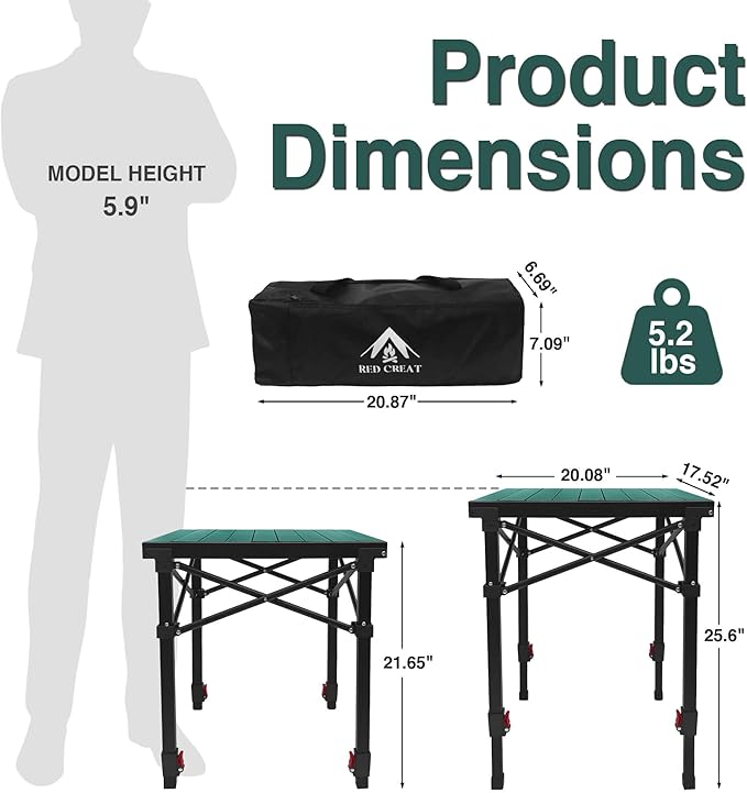 Camping Table Portable Foldable with Adjustable Height, Lightweight Collapsible Aluminum Roll-Up Camp Table with Storage Bag & Carry Bag, Heat-Resistant for RV Picnic BBQ Camping (Medium 20"×18")