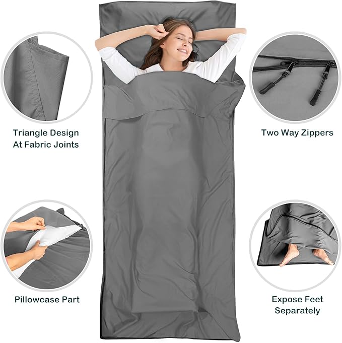Sleeping Bag Liner, Ultralight Silky Satin Adult Sleep Sack & Self Tan Sleep Sack with Two-Way-Zipper, Single Camping Sheet & Travel Sheets for Hotel