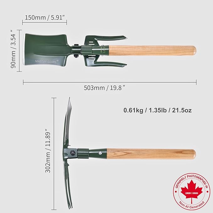 MASTIFF GEARS Folding Shovel - 3-in-1 Multitool (Shovel, Hoe, Cultivator/Fork) | Hoe with Double Sharpened Edges | Military-Grade, 0.61kg Senior-Friendly for Gardening, Fishing, and Outdoor Use