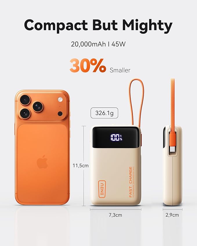 INIU 20000mAh Portable Charger, Small Power Bank, 45W PD Fast Charging Battery Pack, Fast Charging USB C in&Out Battery Pack, Travel Phone Charger for iPhone 17 16 15 Air Samsung S25 S24 Google, Beige