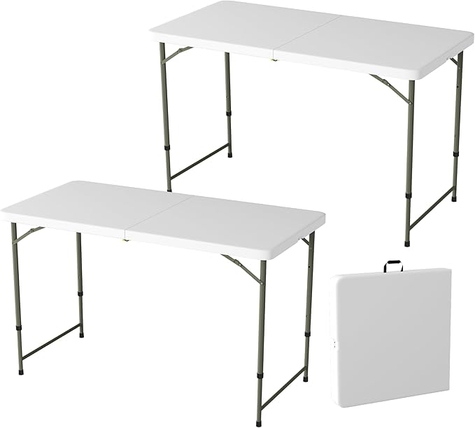 Lavish Home Portable Folding Tables - Lightweight Portable Folding Desk with Adjustable Height - 4-Foot Plastic Indoor & Outdoor Utility Tabletop for Camping, Crafting, or Tailgating (Set of 2/White)