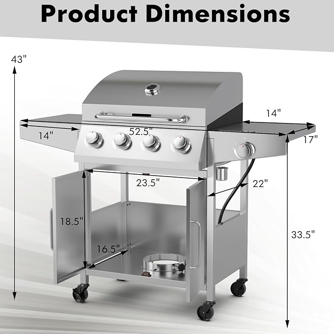 Giantex Propane Gas Grill 50,000 BTU, 4 Main Burners, 1 Side Burner, 2 Prep Tables, Stainless Steel Heavy-Duty BBQ Grill with 4 Wheels for Backyard Party Outdoor Cooking