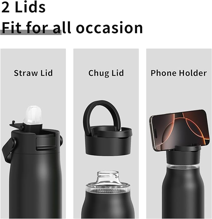 LISI 24oz Insulated Water Bottle, Double Wall Stainless Steel Water Bottles with Straw, 100% Leak-Proof Travel Thermal Canteen Mug with 2 Lids (Straw, Phone Holder Lid)