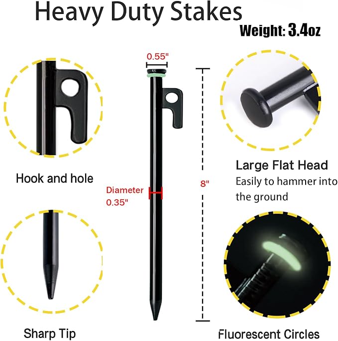 12 Pack Tent Stake with Hammer, 8in Heavy Duty Tent Stakes + 10in Camping Hammer+Storage Pouch, Forged Steel Stakes for Camping Used on Rocks