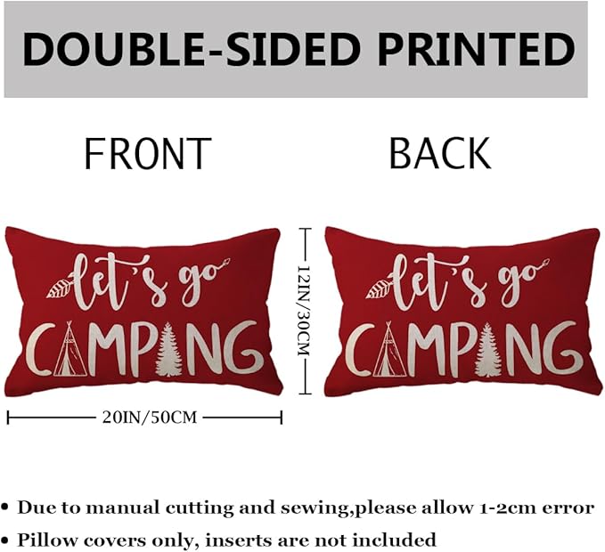 ULOVE LOVE YOURSELF Adventure Camper Decorative Lumbar Pillowcase Double-Sided Let’s Go Camping/Adventure Awaits Throw Pillow Covers Cabin/Camper Cushion Covers 12x20,2Pack for Sofa/Couch/Porch (Red)