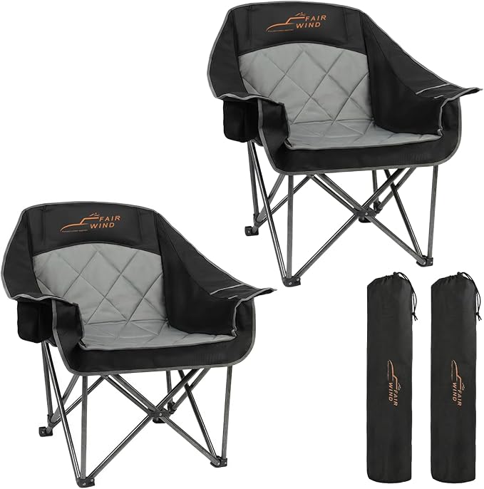 FAIR WIND 2 Pack Oversized Padded Camping Chair Heavy Duty Quad Fold Arm Chair Portable for Outdoor - Support 500LBS, Black