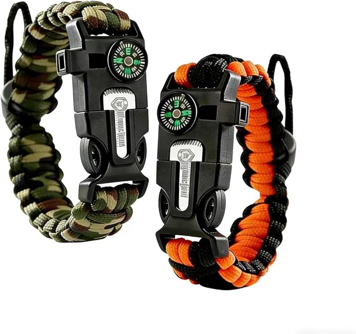 Adjustable Survival Paracord Bracelet with Fire Starter & Loud Whistle, Multitool Emergency Gear for Hiking, Camping, Fishing, Hunting & Outdoor Adventures，Camouflage Green＆Orange（2 pack）
