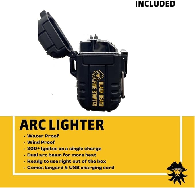 Black Beard Pirate's Plunder Fire Starter Kit with Waterproof Plasma Arc Lighter, Ferro Rod & Fire Starter Rope for Campfires in All-Weather Waterproof & Windproof