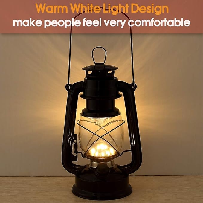 Vintage LED Hurricane Lantern, Warm White Battery Operated, Antique Metal Hanging With Dimmer Switch, 15 LEDs, 150 Lumen for Indoor or Outdoor Usage (Black)
