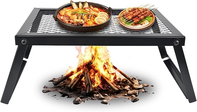 Extra-Thick Portable Folding BBQ Grill-Camping Iron Electrophoresis Rustproof Grill with Heat-Resistant Grid,Doublesas Dish Rack & CampTable(15.9''x11.8''x7.3'')
