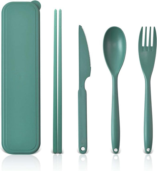 Large Reusable Travel Utensils Set with Case, Plastic Set for Adults Travel Picnic Camping, Portable Flatware Cutlery Set with Chopsticks for Daily Use(Dark Green)