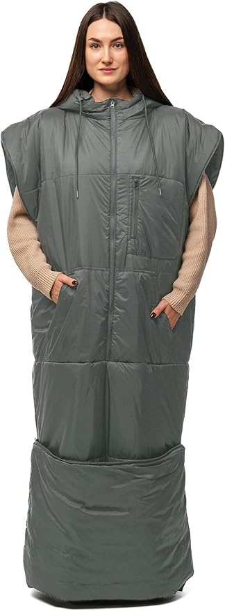 Adult Wearable Sleeping Bag with Hoodie, Sleeveless Design Adjustable Drawstring Waterproof Wearable Sleeping Bag Ideal for Camping, Cold Weather