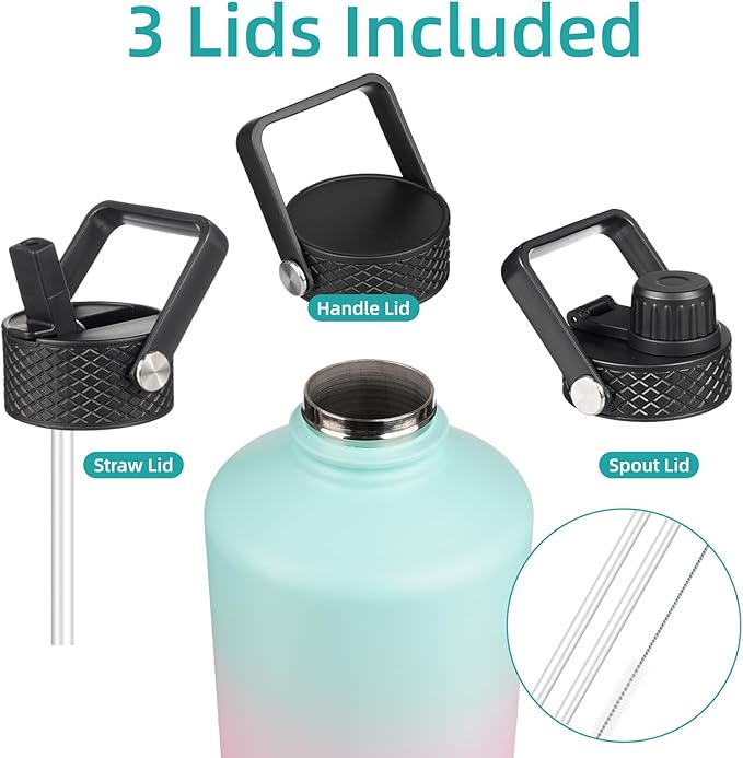 Konokyo Gallon Insulated Water Bottle with Straw,128 oz 3 Lids Water Jug with Carrying Bag,Paracord Handle, Double Wall Vacuum Stainless Steel Metal Flask,Gum
