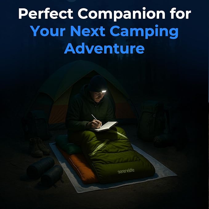 SereneLife Double Sleeping Bag with Pillows, Waterproof & Detachable for 2 Single Bags, Lightweight & Warm, Perfect for Camping, Hiking, Backpacking, and Cold Weather, Suitable for Temperatures 5-10°F