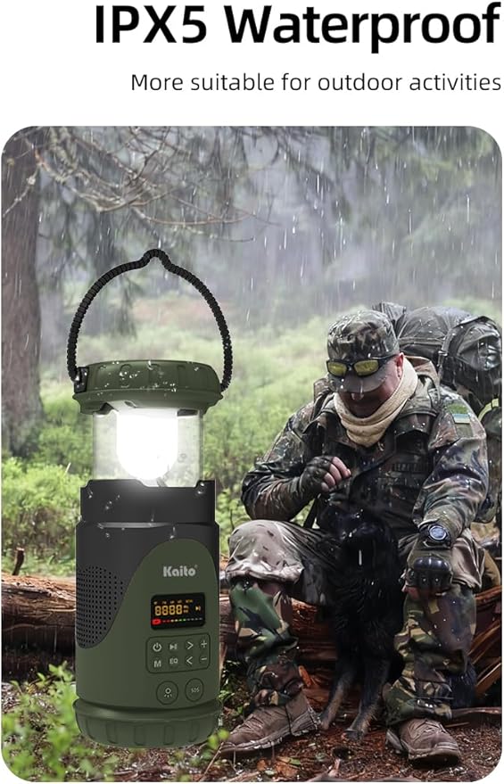 Kaito KL101 Emergency Camping Lantern & Flashlight, Hand Crank & Solar Powered, 5000mAh Rechargeable Battery, AM/FM/Weather Radio, Waterproof, SOS Alarm, USB Charging