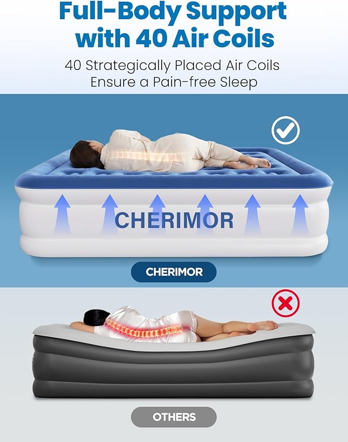 CHERIMOR Queen Air Mattress with Built-in Pump, 18" Raised Comfort, 48Hr Leak-Proof Test, Upgraded Honeycomb Pillar Design, Supports 800 lbs, 3-Min Inflation-Inflatable Bed for Home Guests-Blue