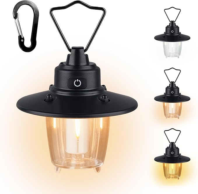 Hanging Camping Light, Antique Black, Rechargeable LED Camping Lantern with Three Light Modes, Cordless, Vintage, Weatherproof Tent Light for Camping, Outdoor, Emergency Use