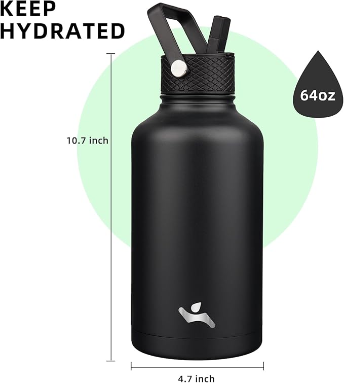 Konokyo Half Gallon Insulated Water Bottle with Straw,64 oz 3 Lids Water Jug with Carrying Bag,Paracord Handle,Double Wall Vacuum Stainless Steel Metal Flask,Black