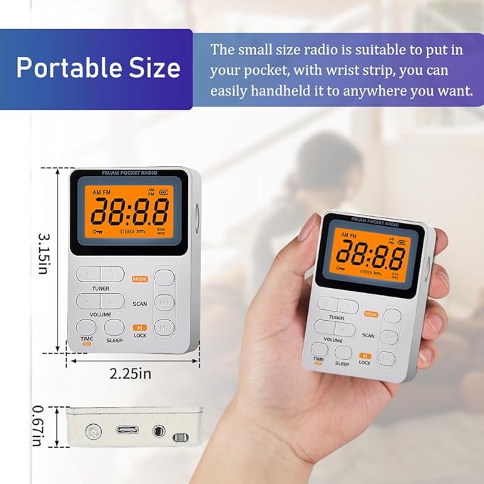 Portable Radio AM FM, Rechargeable Pocket Speaker with Best Reception Digital Tuning, MP3, Stereo Earphone, Large LCD Screen, TF Card Socket, Transistor Radio for Jogging/Gym/Camping(White)