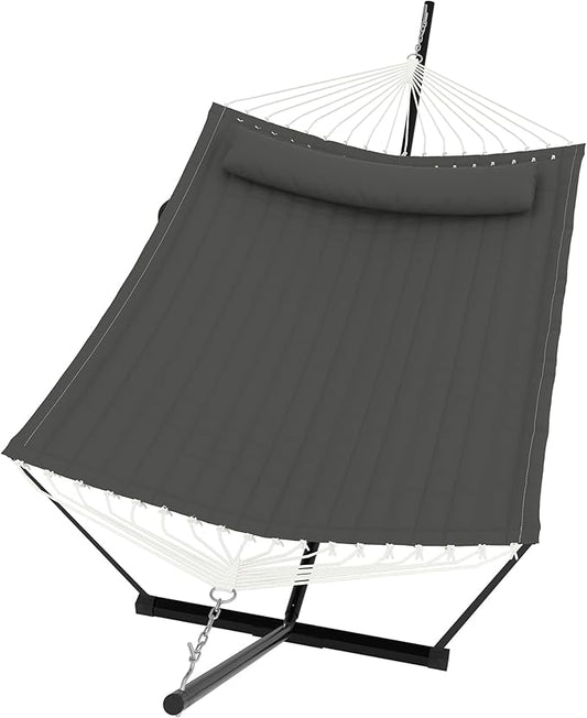 2 Person Double Hammock with Stand & Pillow, 450 LBS Heavy Duty Outdoor Hammock with Balance Rope for Patio Backyard Poolside