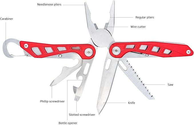 Amazon Basics 8-in-1 Stainless Steel Multitool with Safety Lock and Nylon Sheath, Red