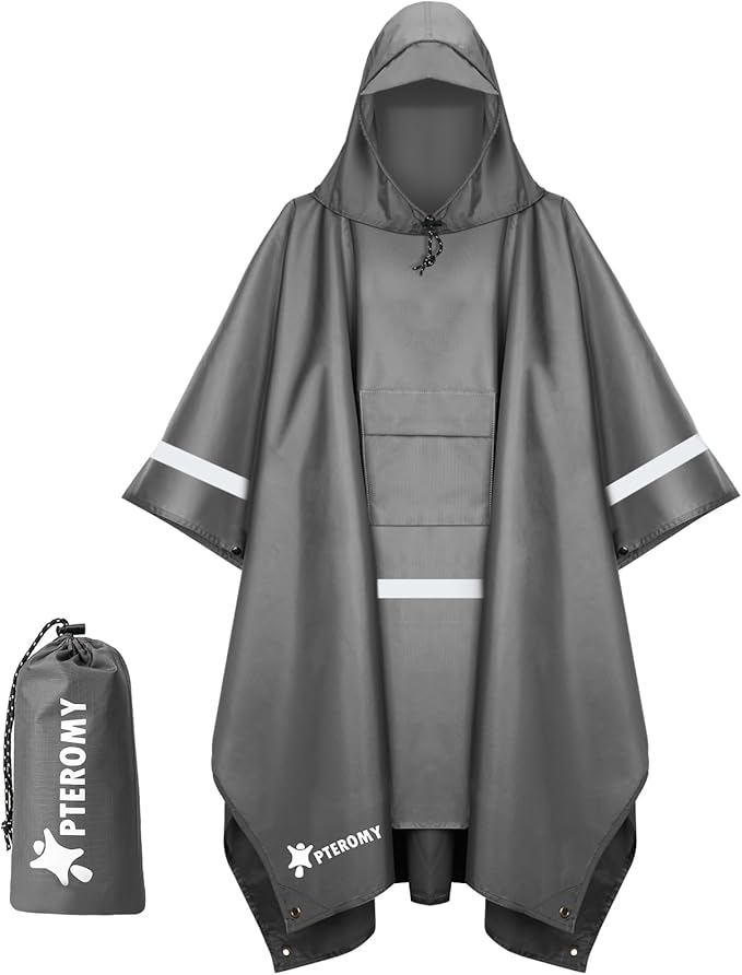 PTEROMY 3-in-1 Hooded Rain Poncho for Adult with Pocket, Waterproof Lightweight Unisex Raincoat for Hiking Camping Emergency