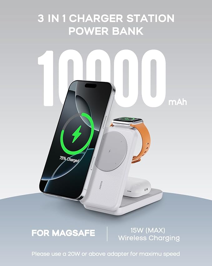 RORRY Portable Charger, 3-in-1 Charging Station 10000mAh Portable Charger Power Bank for MagSafe Foldable Battery Pack Travel for iPhone 17/16/15/14/13/12, for Apple Watch 11/10/9/8/7/Ultra/3/2, White