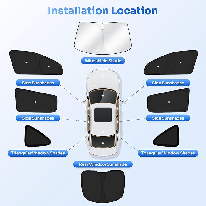 Canvcle Upgraded Window Shades for 2020-2024 Tesla Model Y Accessories with Suction Cups Windshield Sun Shade Side Rear Window Covers Sunshade Sun Shield Privacy Protection for Camping Black 8PCS