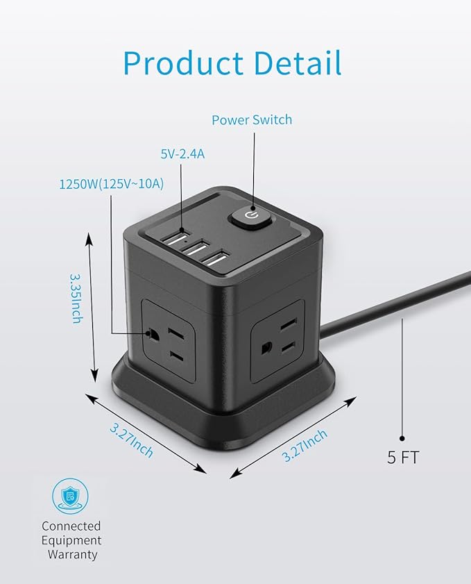 Power Strip with USB, FDTEK Flat Plug Extension Cord with 4 AC and 3 USB, 5 FT Power Cord Desktop Charging Station, Overload Protection, Compact Portable for Travel Home Office Cruise Ship - Black