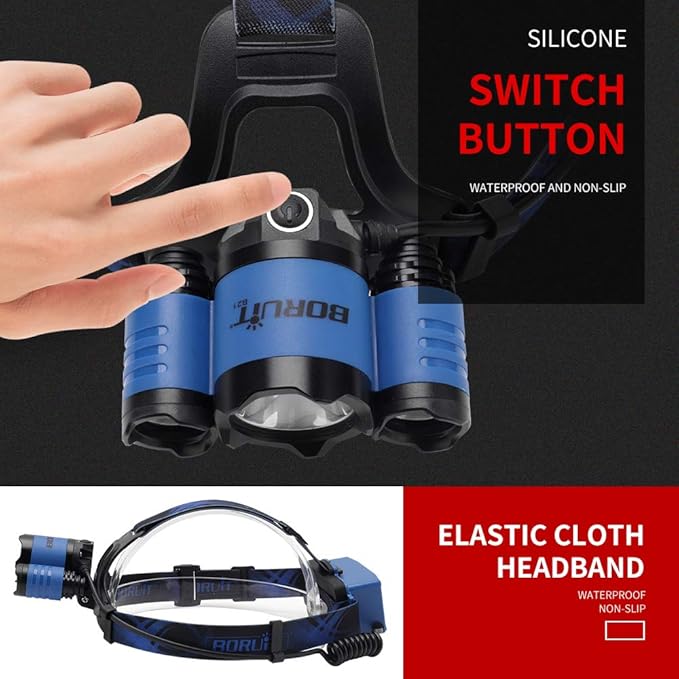 BORUIT B21 Headlamp Rechargeable, LED Super Bright Head Lights for Forehead, Battery Powered, 4 Modes Head Lamp 90° Adjustable, IPX5 Waterproof