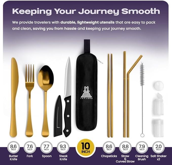 Taplord Portable Travel Silverware Set With Case, Includes 10 Pcs of Travel Utensils With Case, Stainless Steel Flatware Set For Camping, Lightweight (Gold)