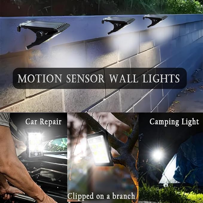 800lm Solar Motion Sensor Lights Outdoor LED Camping Tent Lantern Clip Wall Lamp Waterproof Garden COB Outdoor Courtyard Portable Security Lights for Camp Gutters Fence Garage 4 Pack