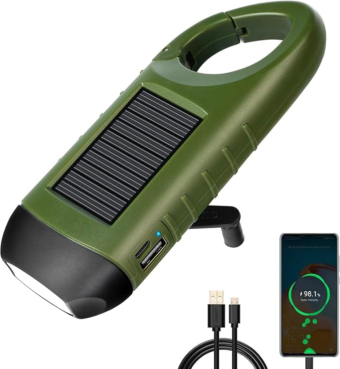 Hand Crank Solar Flashlight with USB Charing, Emergency USB Rechargeable LED Flashlight,Portable Handheld LED Survival Flashlight for Camping, Outdoor, Hiking Green