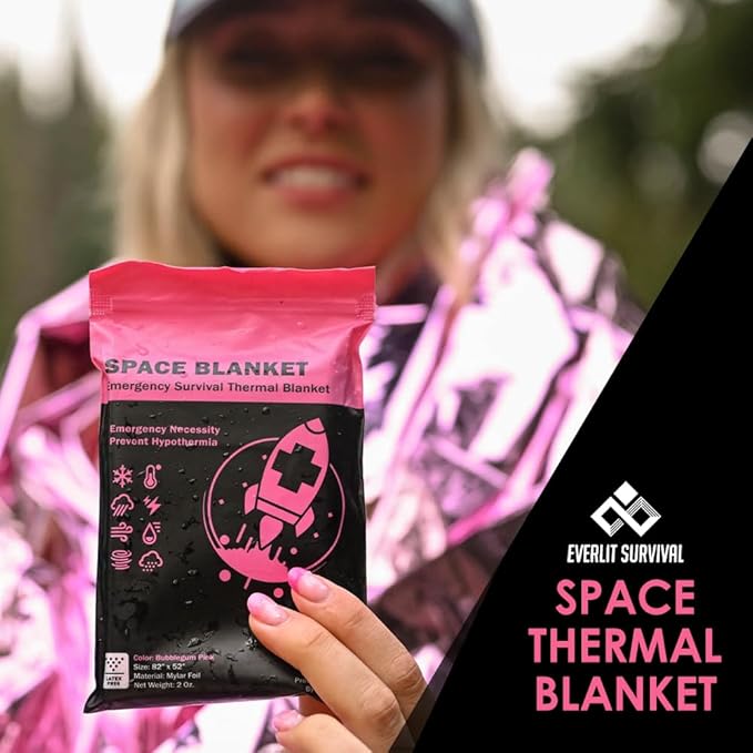 Everlit Survival Emergency Mylar Thermal Blankets -Space Blanket Survival kit Camping Blanket Perfect for First Aid, Outdoors, Hiking,Bug Out Bag,Marathons or First Aid (Bubblegum Pink)