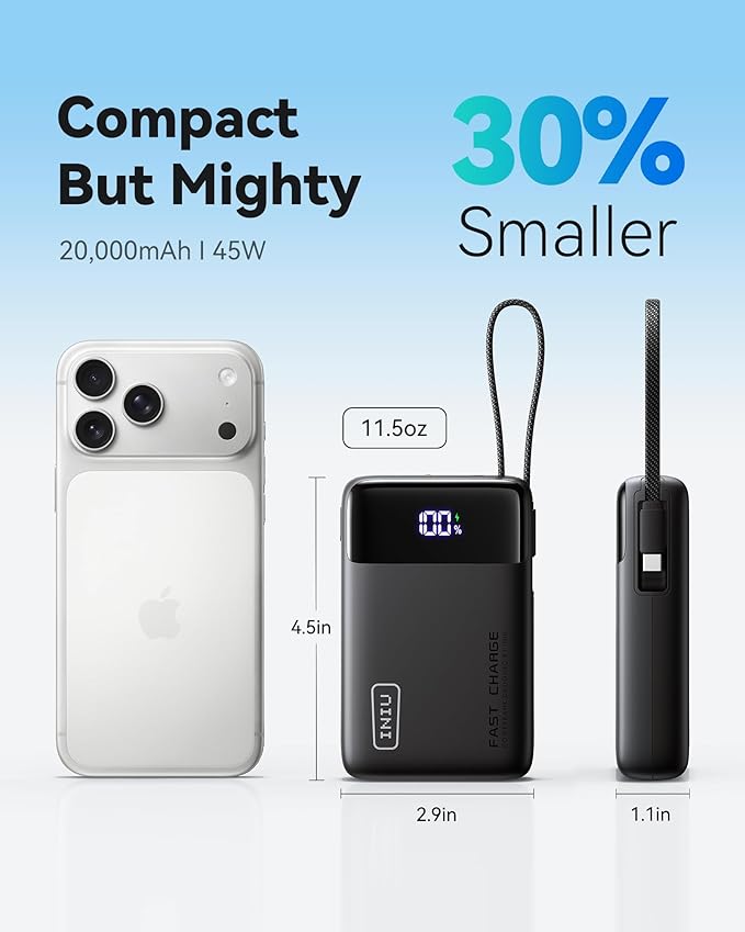 INIU 20000mAh Power Bank, Small Portable Charger, 45W PD Fast Charging Battery Pack with Build in USB-C Cable, Travel Phone Charger for iPhone 17 16 15 14 13 Air Samsung S25 S24 Google iPad Xiaomi etc