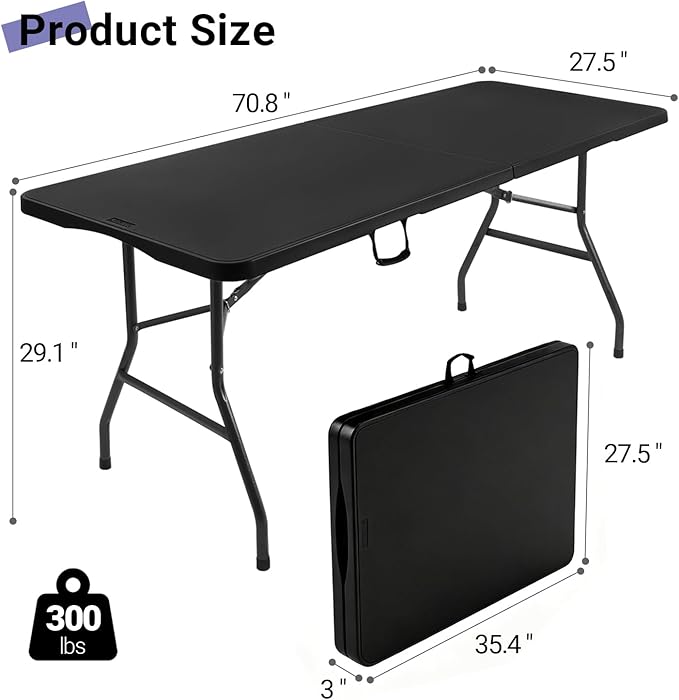 Byliable Folding Table 6ft, Heavy Duty Portable Plastic Fold-in-Half Utility Table with Carrying Handle for Indoor Outdoor, Camping Picnic Party, Black