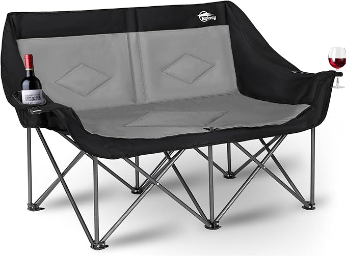 Bolosy 2 Person Camping Chair Camping Loveseat Oversized Double Folding Camping Chair Heavy Duty Two Person Camp Chair Love Seat Dou Chairs Sport Lawn Chair for Adults - Support 650 lbs - Black