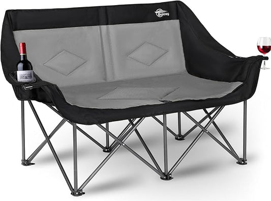 Bolosy 2 Person Camping Chair Camping Loveseat Oversized Double Folding Camping Chair Heavy Duty Two Person Camp Chair Love Seat Dou Chairs Sport Lawn Chair for Adults - Support 650 lbs - Black