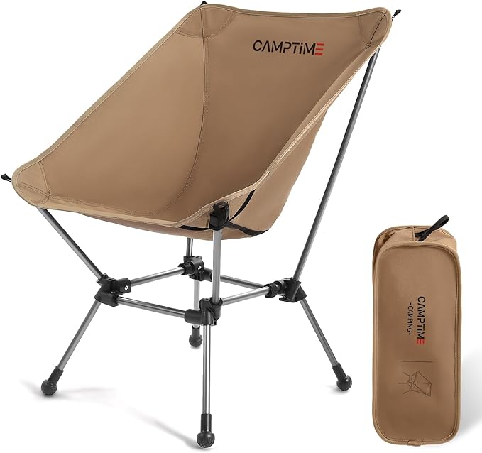 Camptime Portable Camping Chair Plus, Larger & Roomier, Compact and Lightweight, Folding Chair for Backpacking & Hiking, 330Lbs Capacity, Khaki